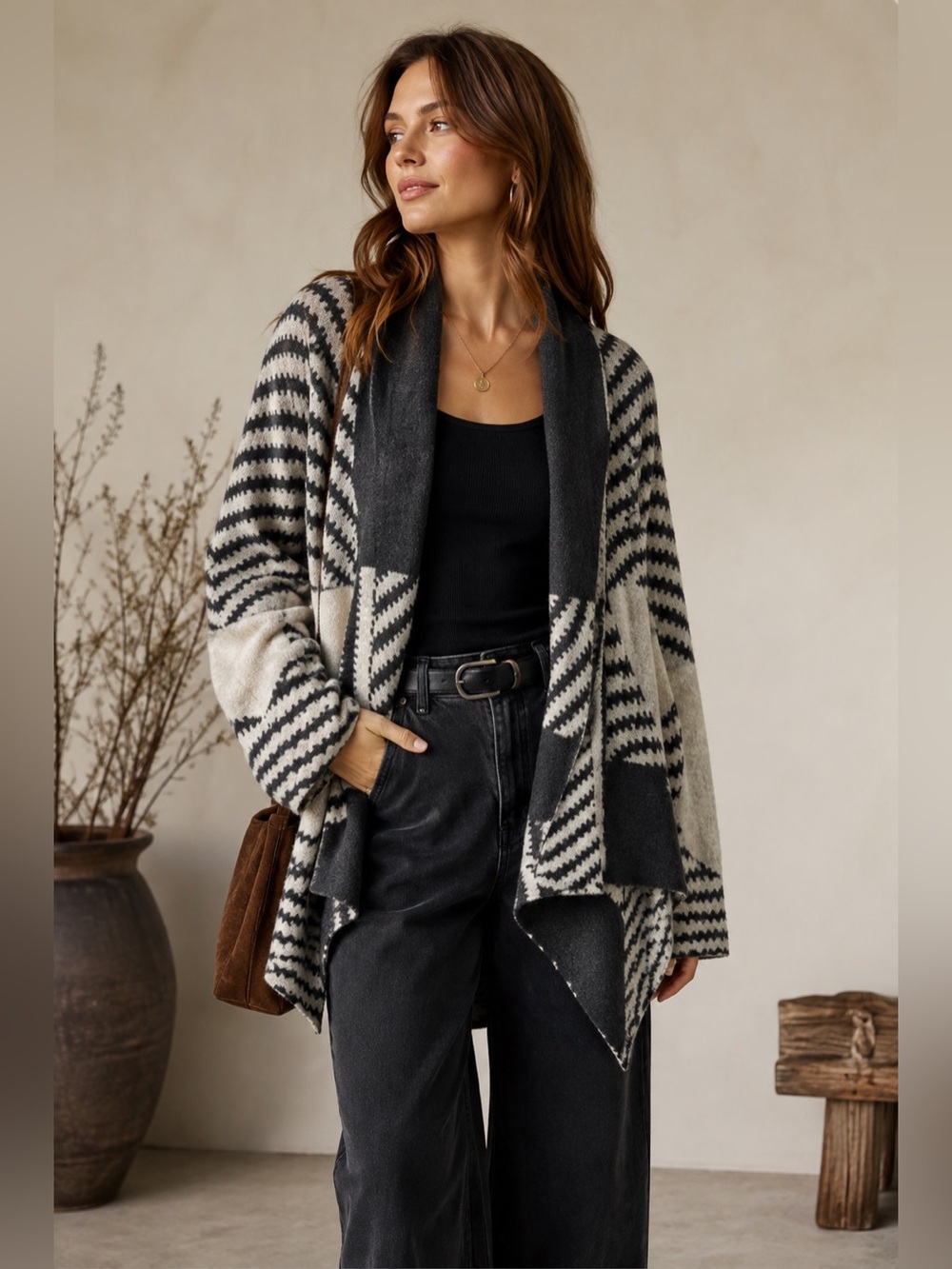 Kial Wool Angora Geometric Cardigan M Gray Black Cream Boho Art to Wear Cozy